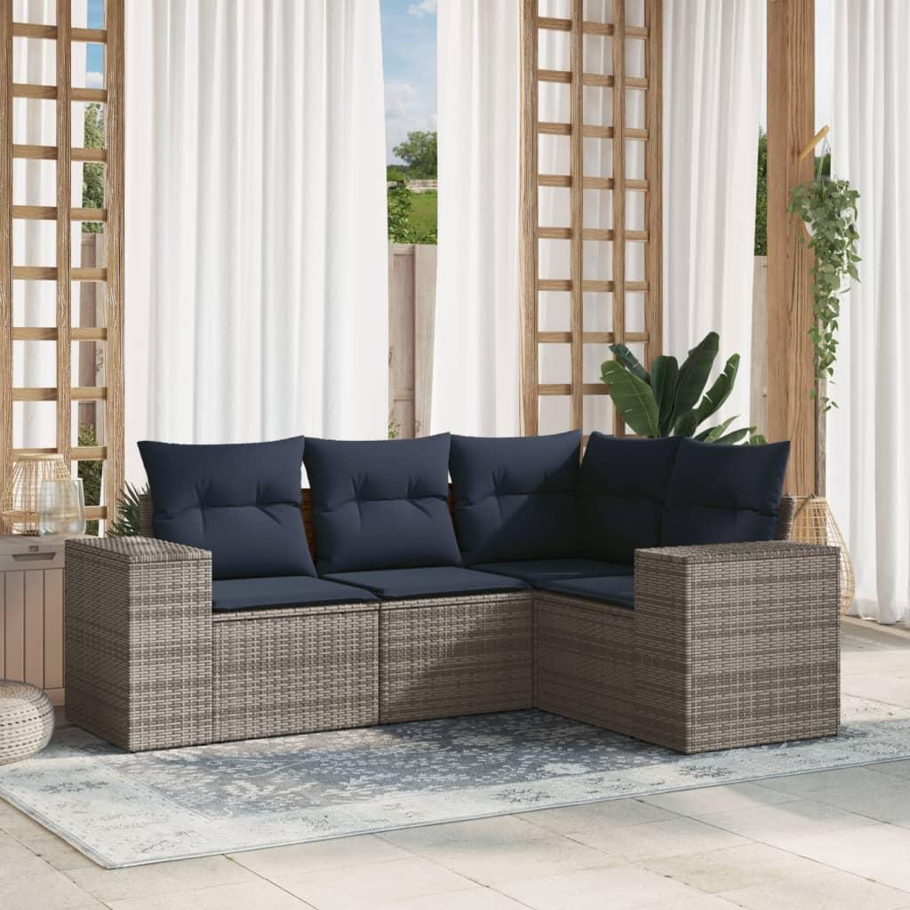 Havesofasæt i grå polyrattan med marineblå hynder - 4 dele, modulært loungesæt