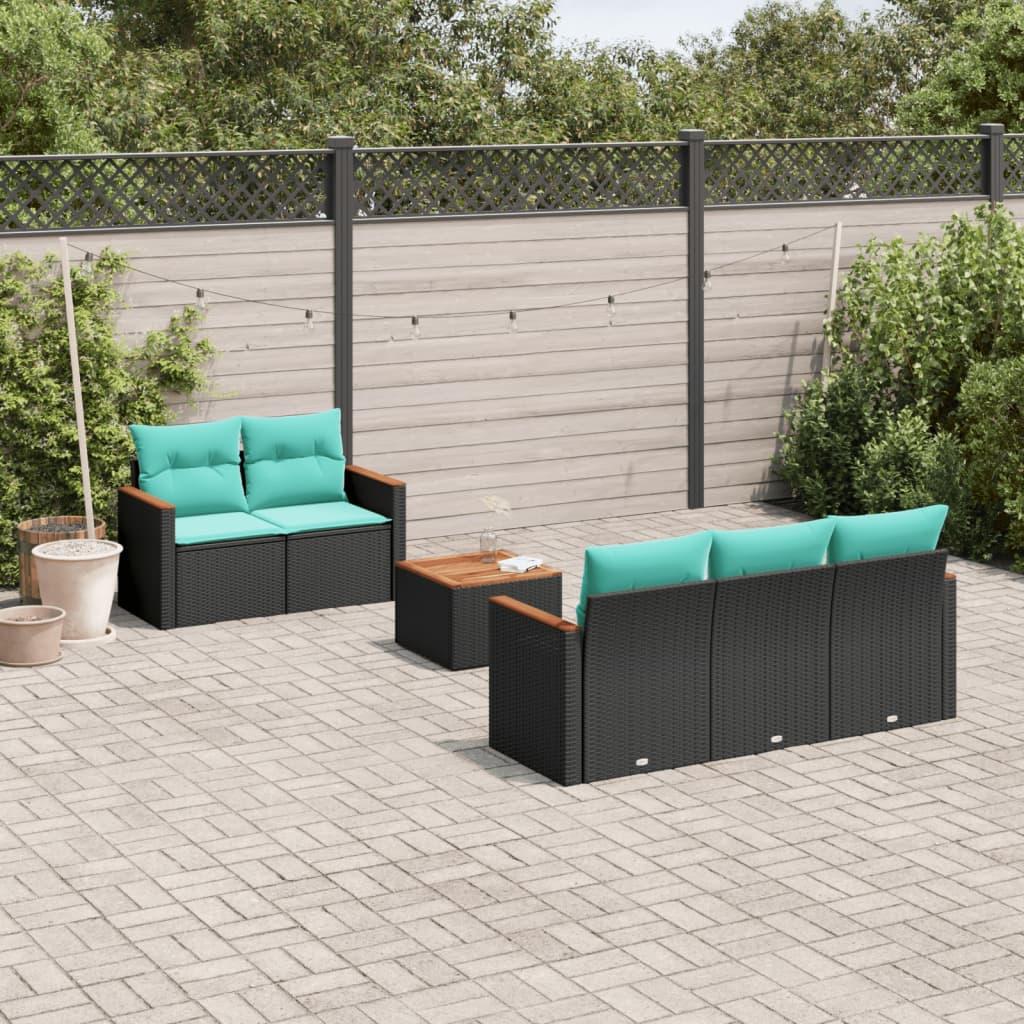Havesofasæt i sort polyrattan med 6 blå hynder - modulært loungesæt med akacietræsbord