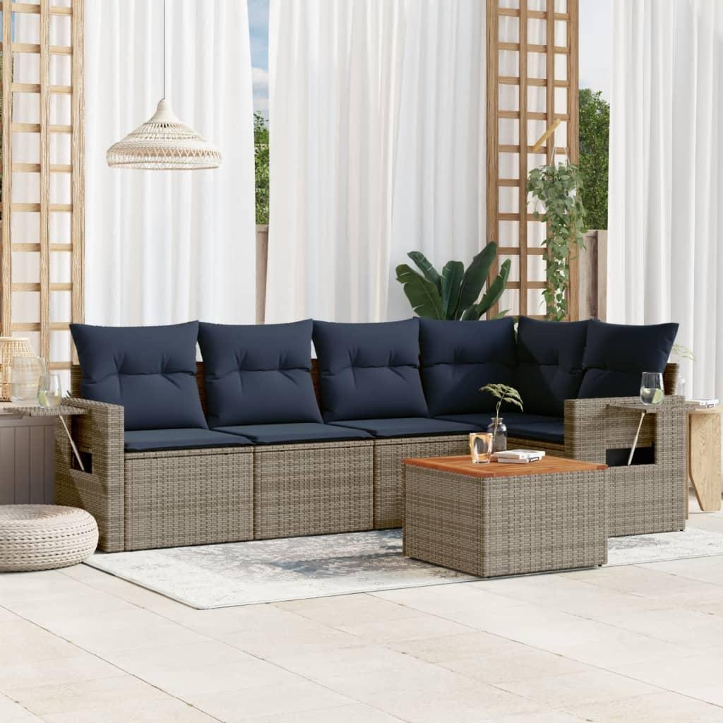 Havesofasæt i polyrattan med 6 dele og marineblå hynder - grå