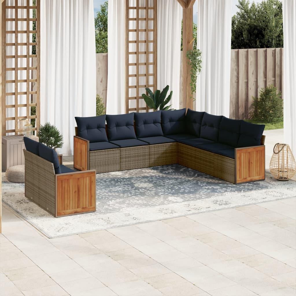 Havesofasæt i grå polyrattan - 9 dele med marineblå hynder