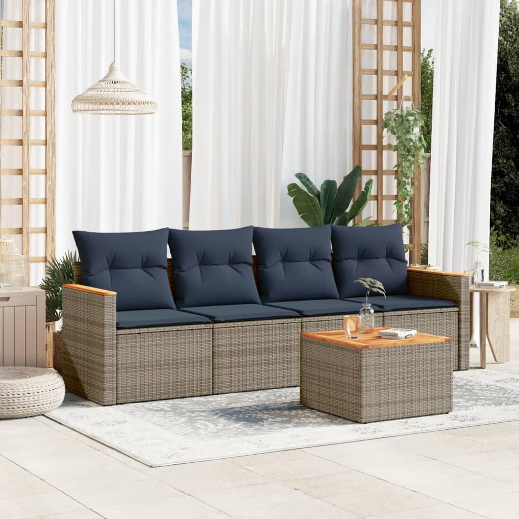 Havesofasæt i grå polyrattan med marineblå hynder - 5 dele