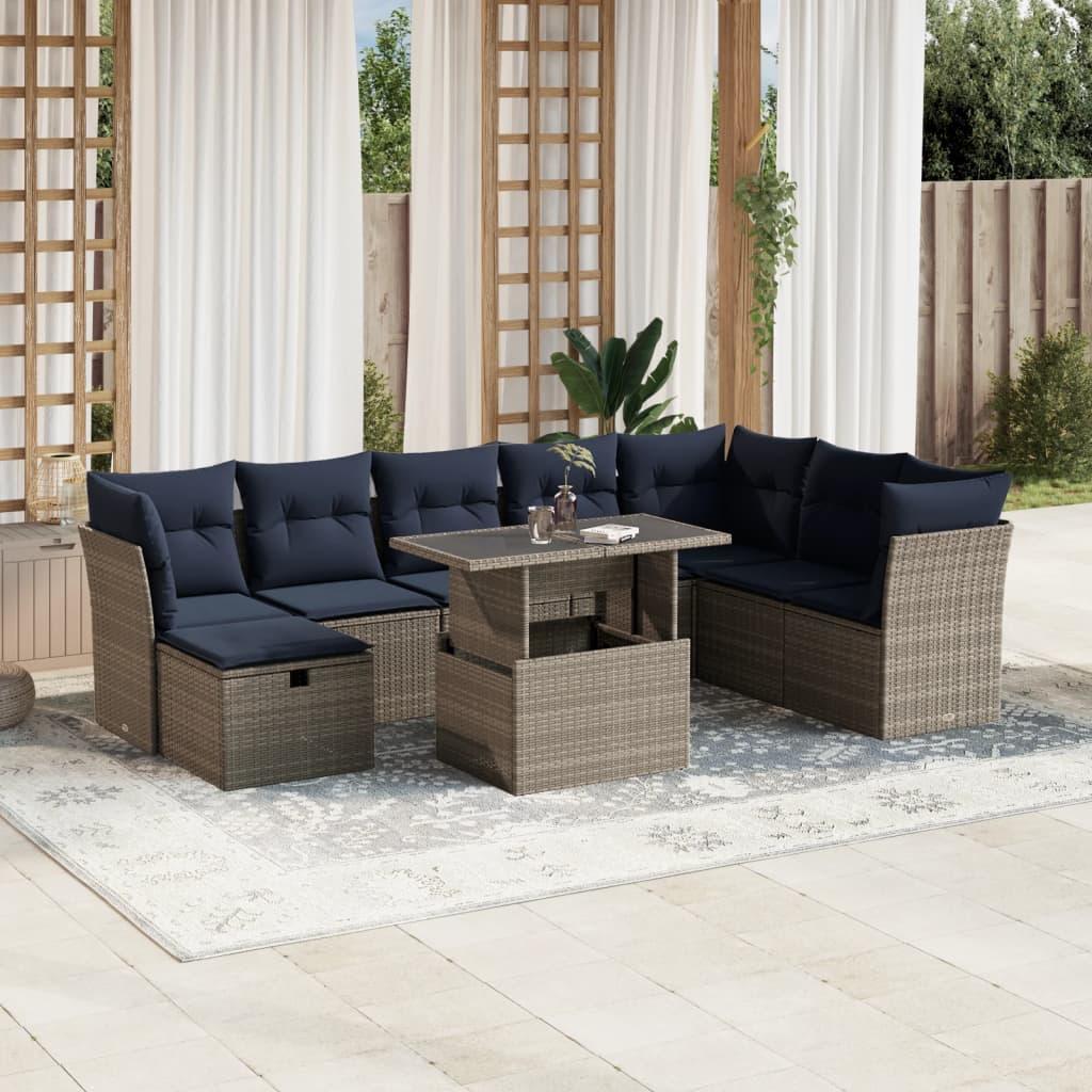 Havesofasæt i grå polyrattan med hynder - 9 dele, løftbart bord