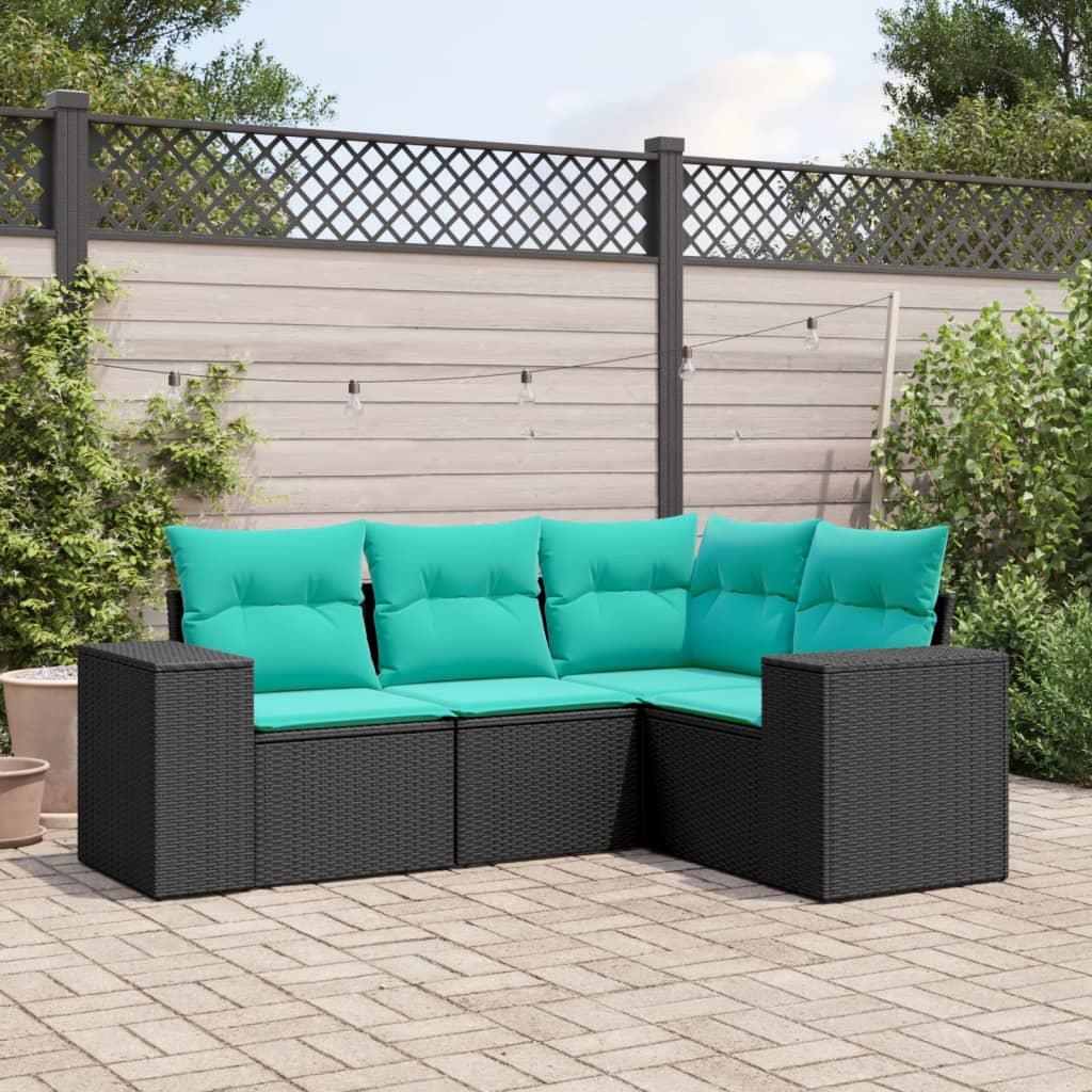 Havesofasæt med 4 dele og hynder sort polyrattan