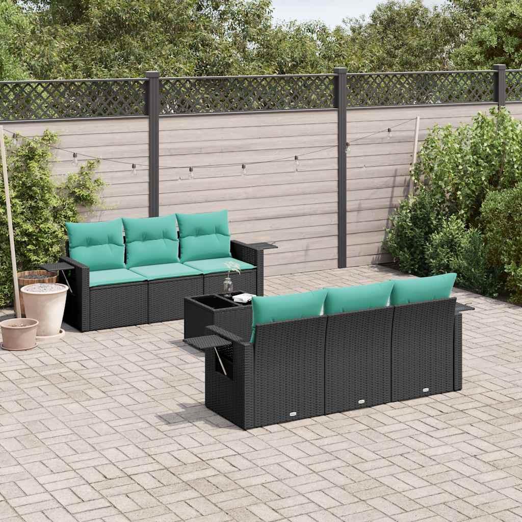 Havesofasæt i sort polyrattan med 7 blå hynder - modulært