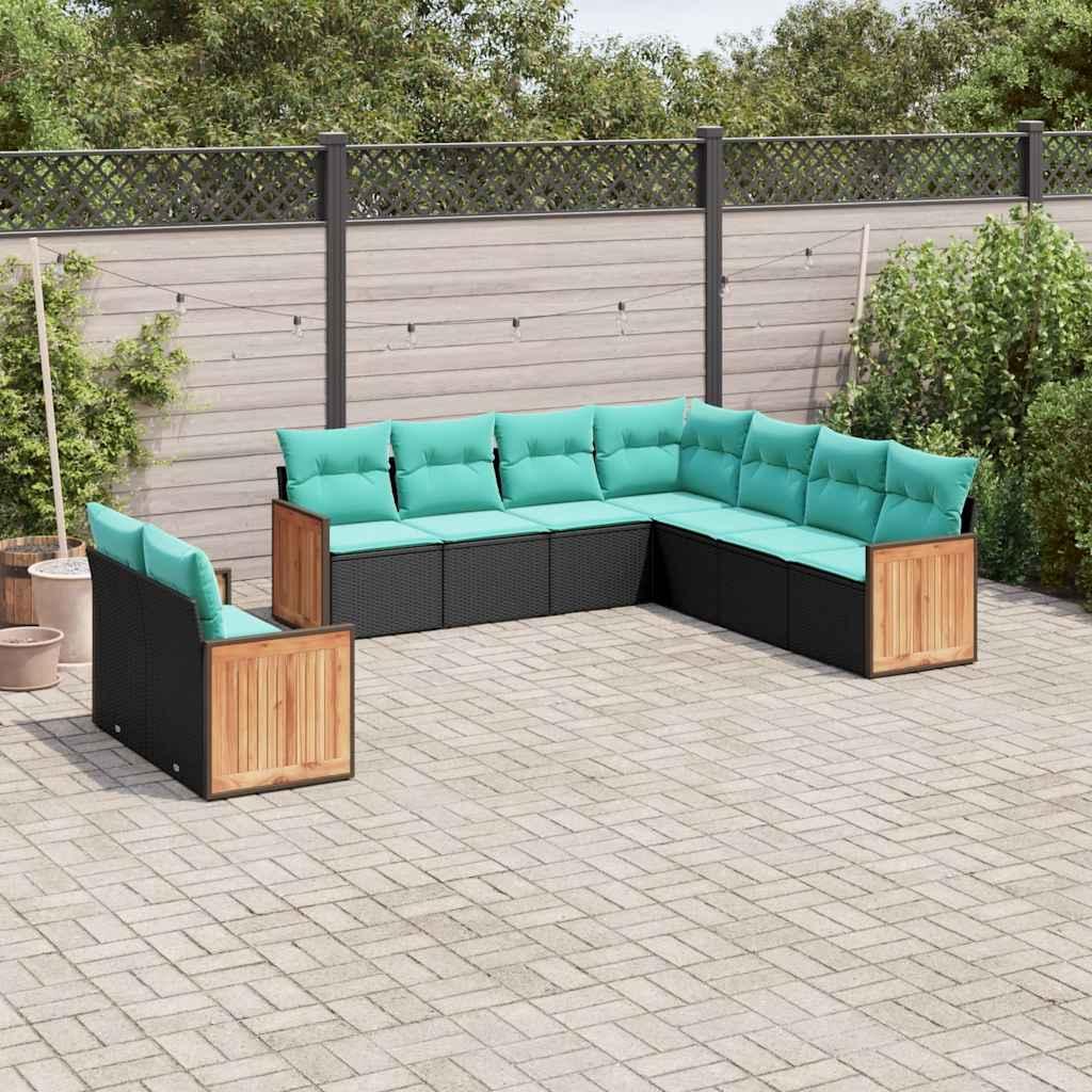 Havesofasæt i sort polyrattan med 9 dele og blå hynder - modulært loungesæt