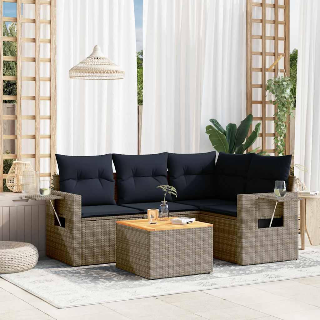 Havesofasæt med 5 dele og hynder grå polyrattan