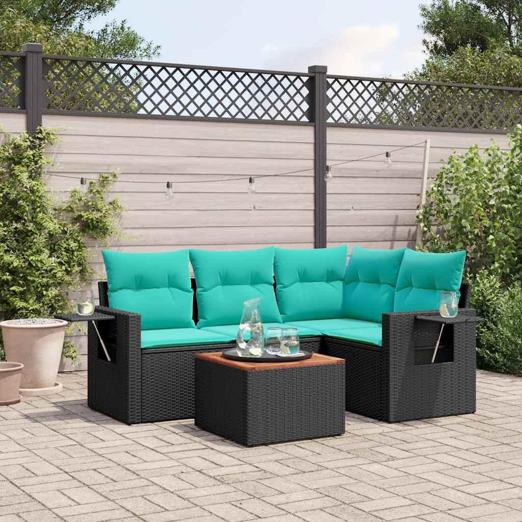 Havesofasæt med 5 dele og hynder sort polyrattan