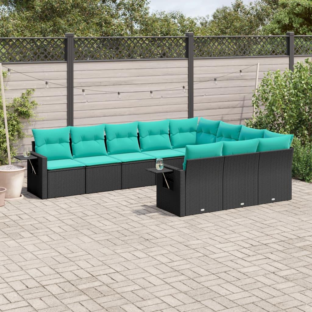 Havesofasæt i sort polyrattan med 10 blå hynder - modulopbygget loungesæt med foldbare sideborde