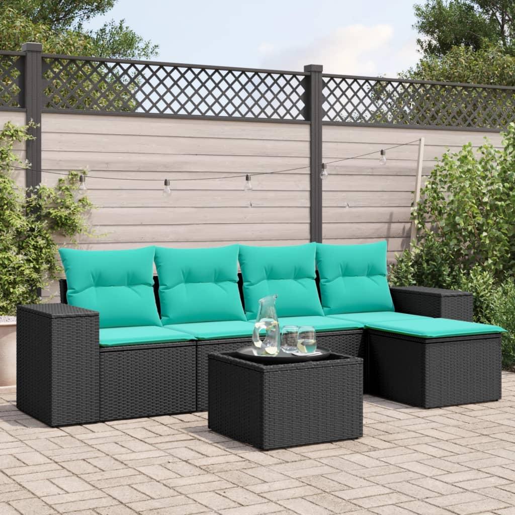 Havesofasæt i sort polyrattan med 6 blå hynder - modulært loungesæt med bord i glas