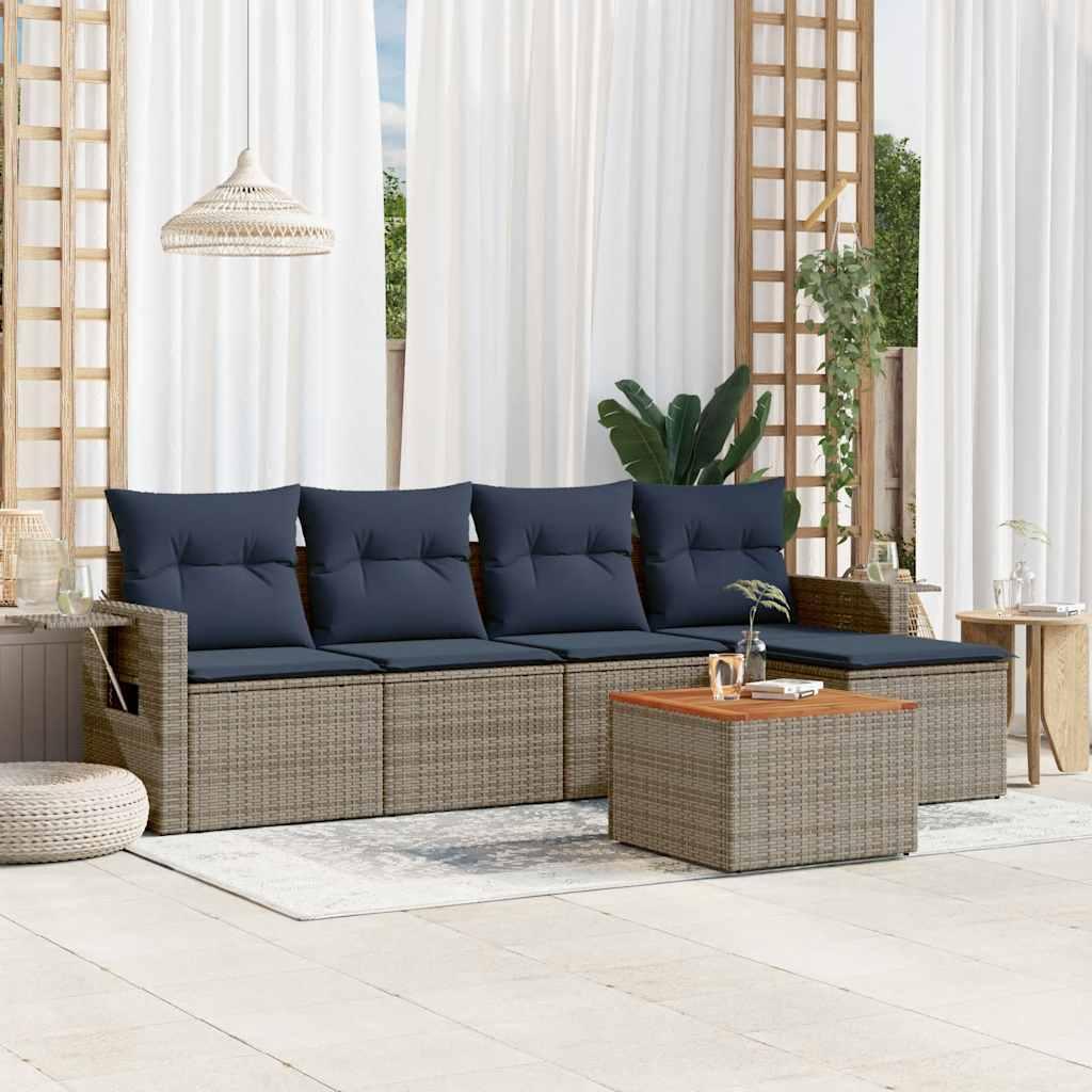 Havesofasæt i grå polyrattan - 6 dele med marineblå hynder