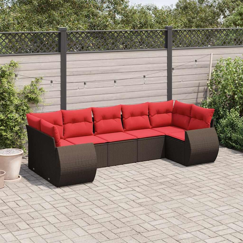 Havesofasæt i brun polyrattan med røde hynder - modulær 7-pers. lounge