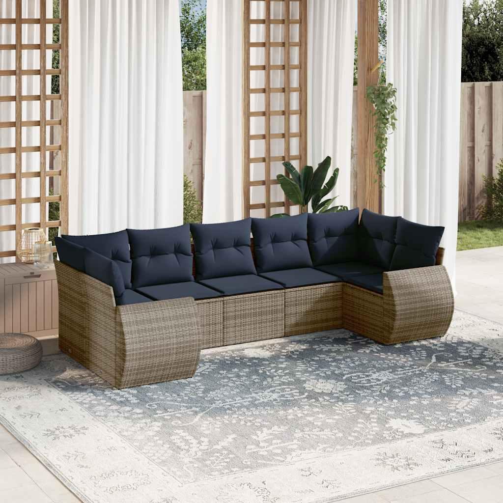 Havesofasæt i polyrattan - 7 dele med marineblå hynder, grå