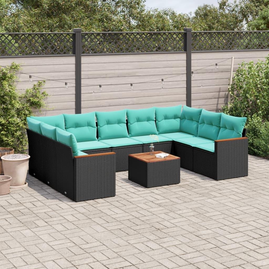 Havesofasæt i sort polyrattan med 10 blå hynder - modulært loungesæt