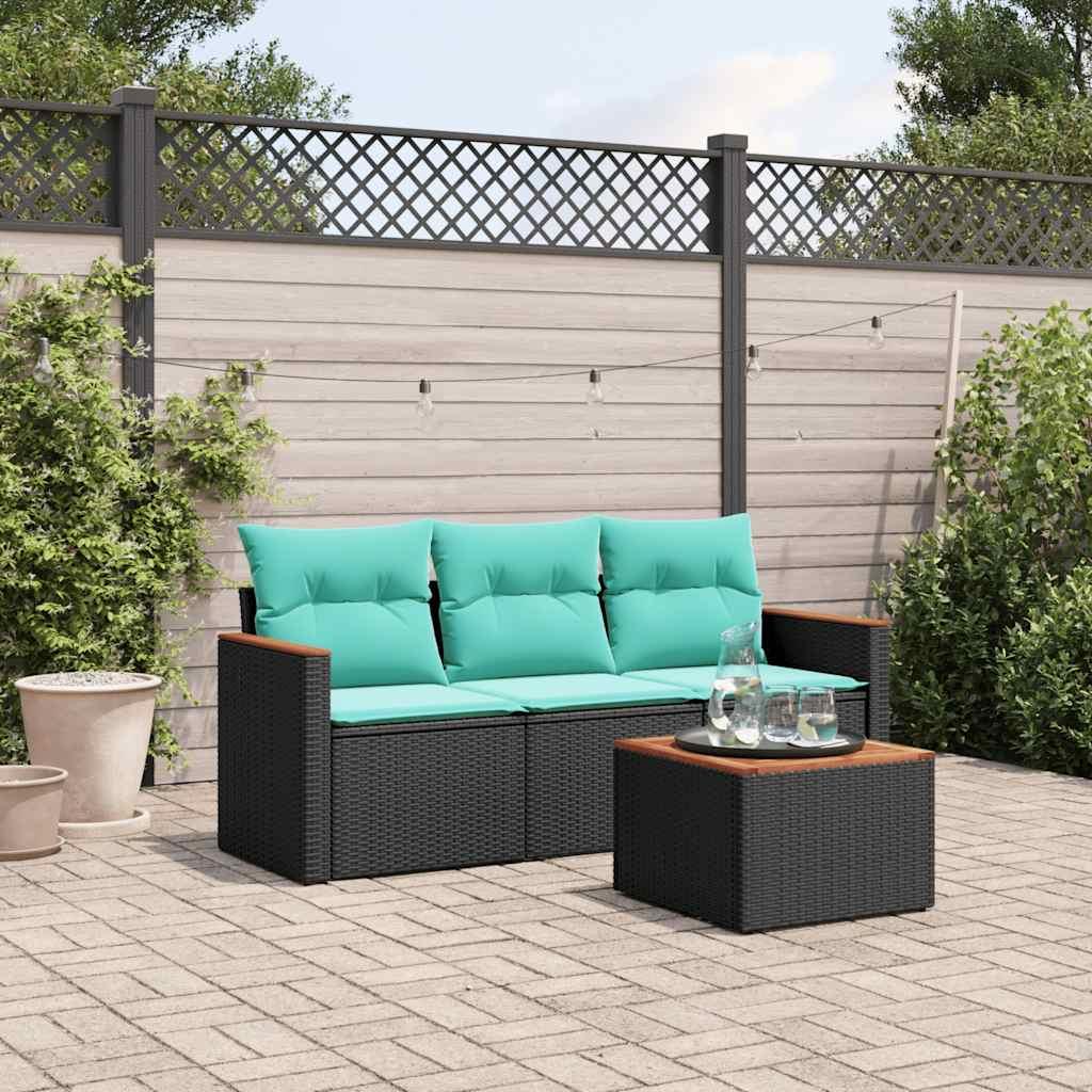 Havesofasæt med 4 dele og hynder sort polyrattan