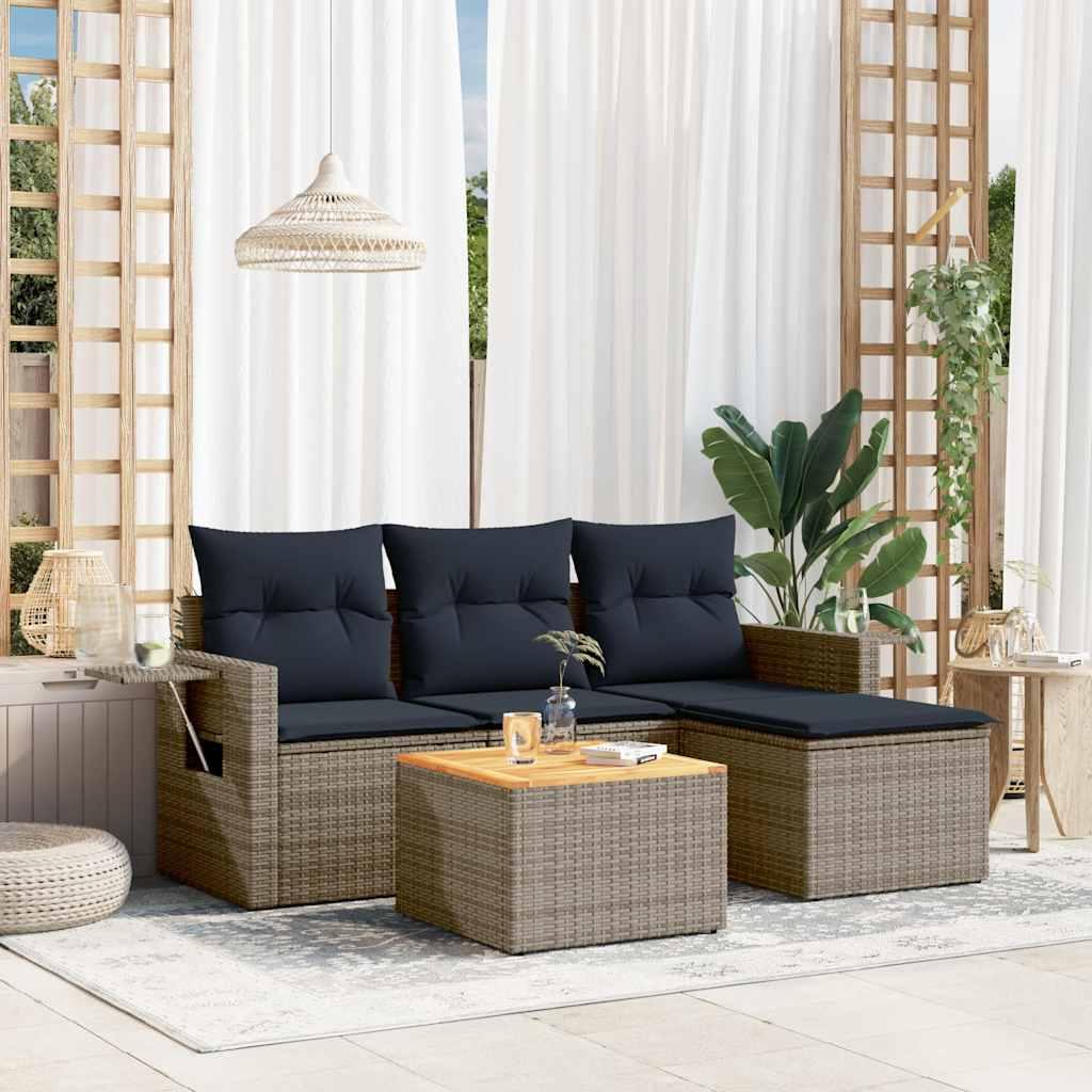 Havesofasæt med 5 dele og hynder grå polyrattan