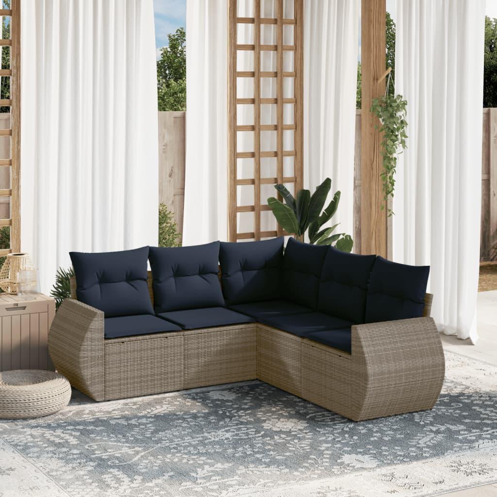 Havesofasæt med 5 dele i grå polyrattan med marineblå hynder
