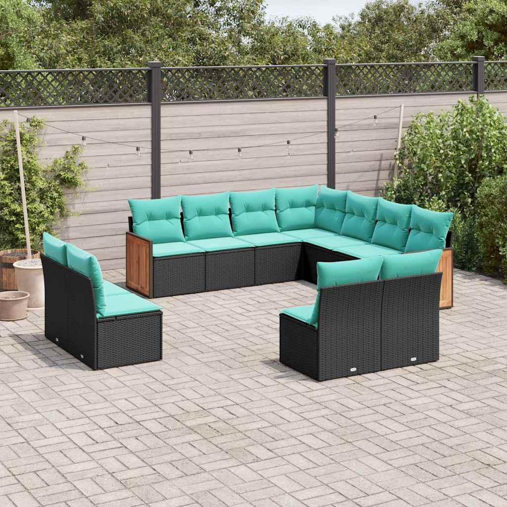 vidaXL 11-delt havesofasæt med hynder sort polyrattan
