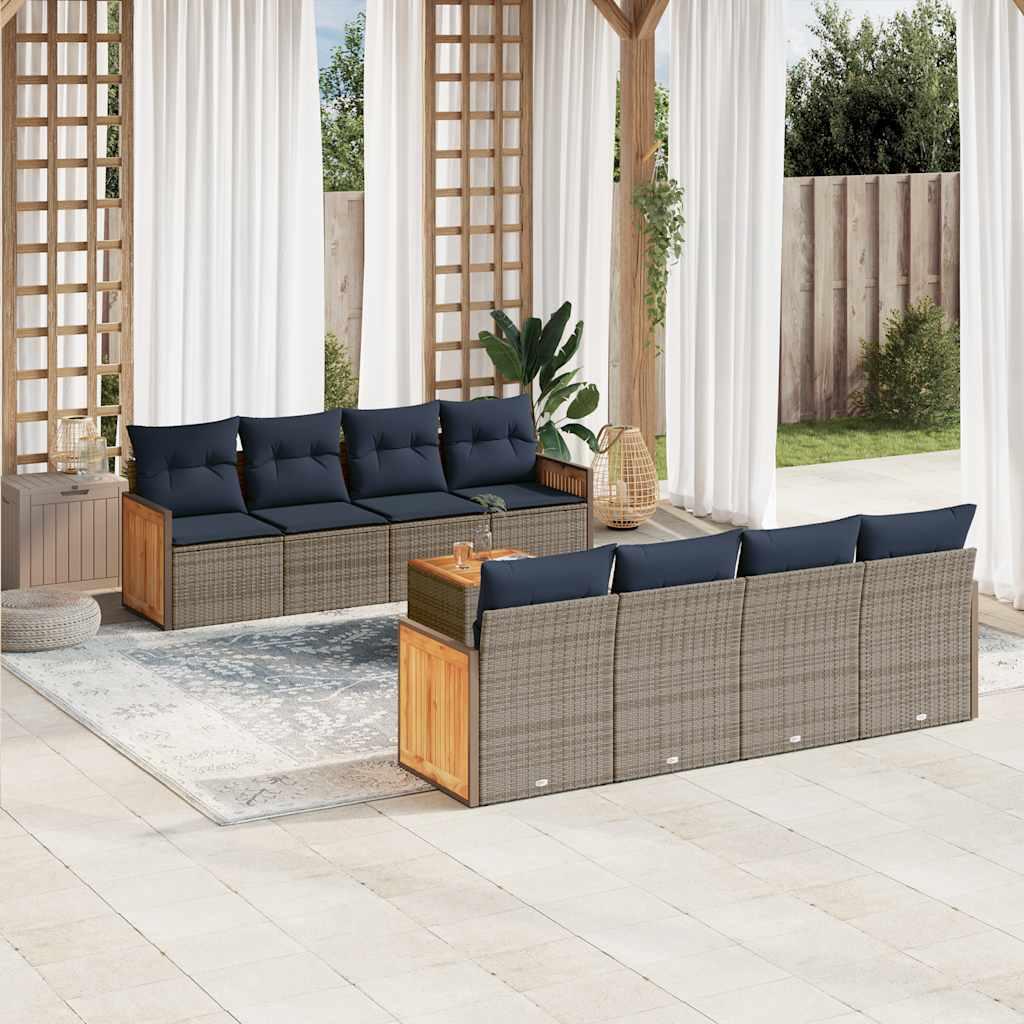 Havesofasæt i grå polyrattan - 9 dele med marineblå hynder