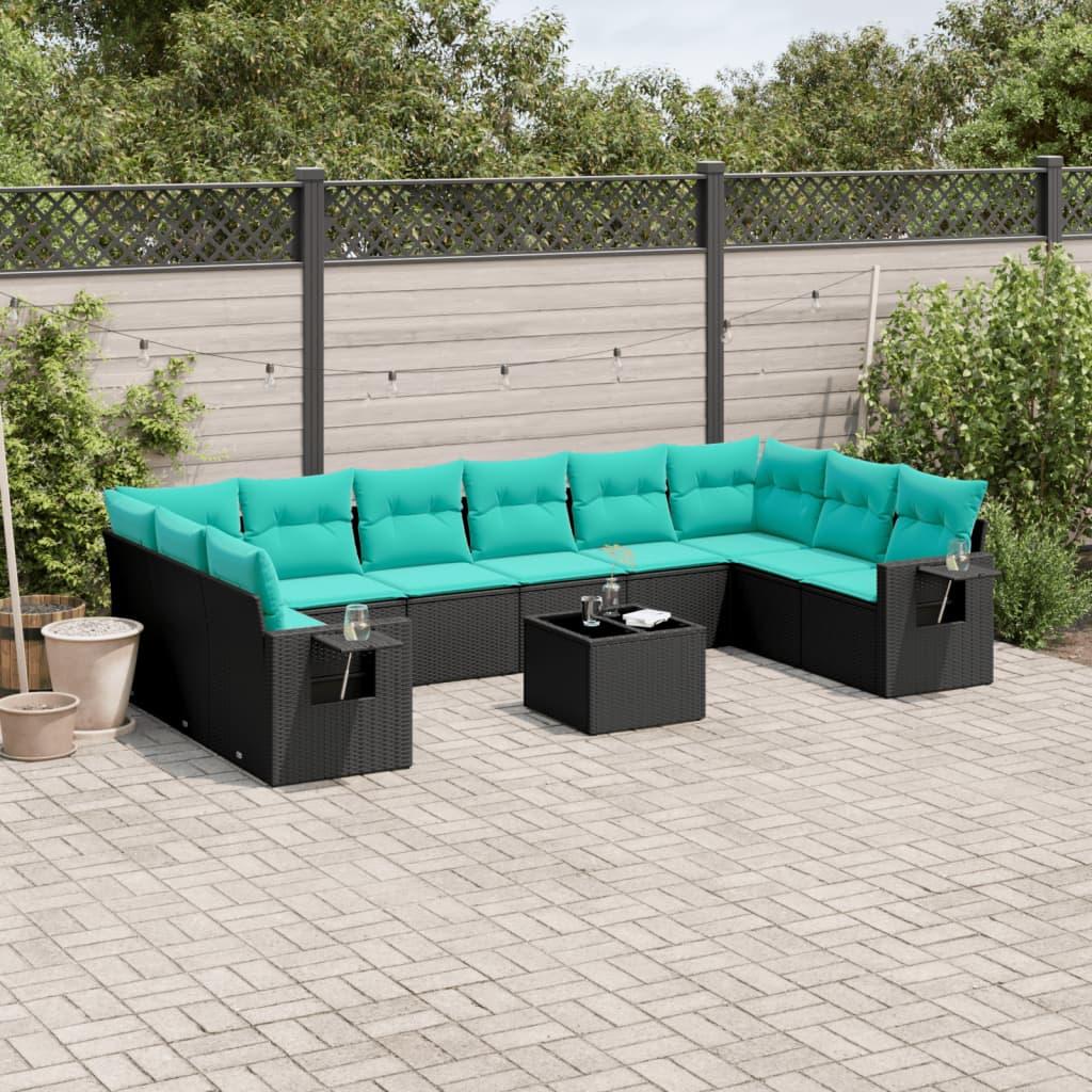vidaXL 11-delt havesofasæt med hynder sort polyrattan