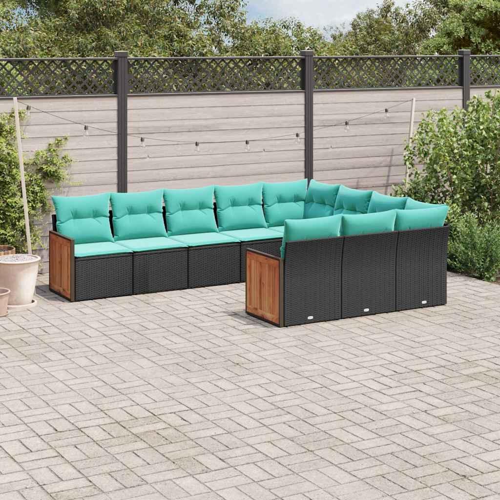 Havesofasæt i sort polyrattan med 10 blå hynder - modulært hjørnesæt