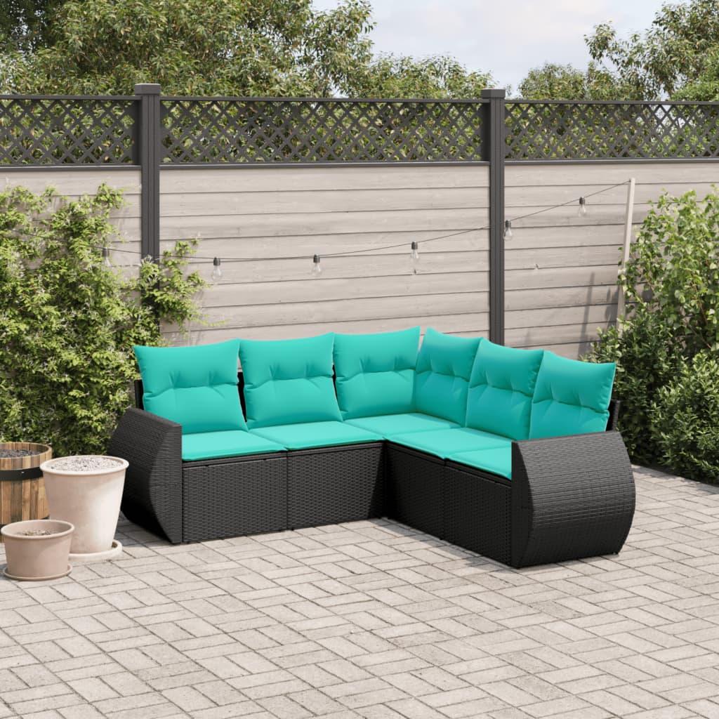 Havesofasæt i sort polyrattan med 5 dele og blå hynder