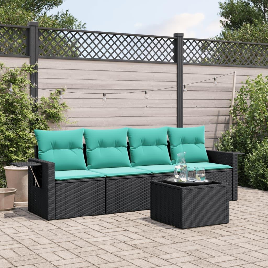 Havesofasæt i polyrattan med hynder - 5 dele, sort/Blå