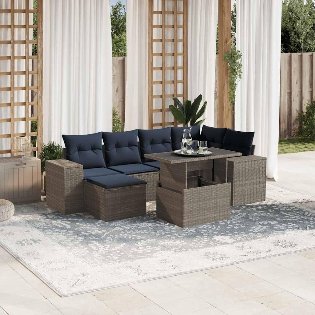 Havesofasæt i polyrattan, 7 dele med marineblå hynder - grå
