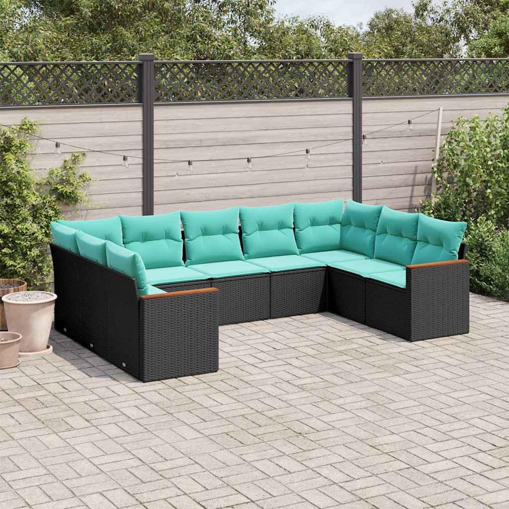 Havesofasæt i polyrattan - 9 dele med blå hynder, sort