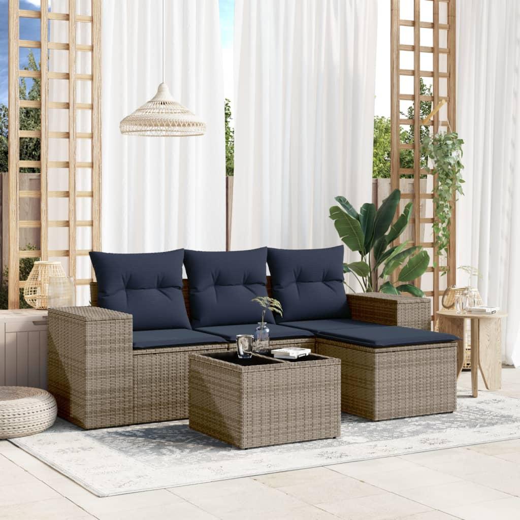 Havesofasæt i polyrattan - 5 dele med marineblå hynder, grå