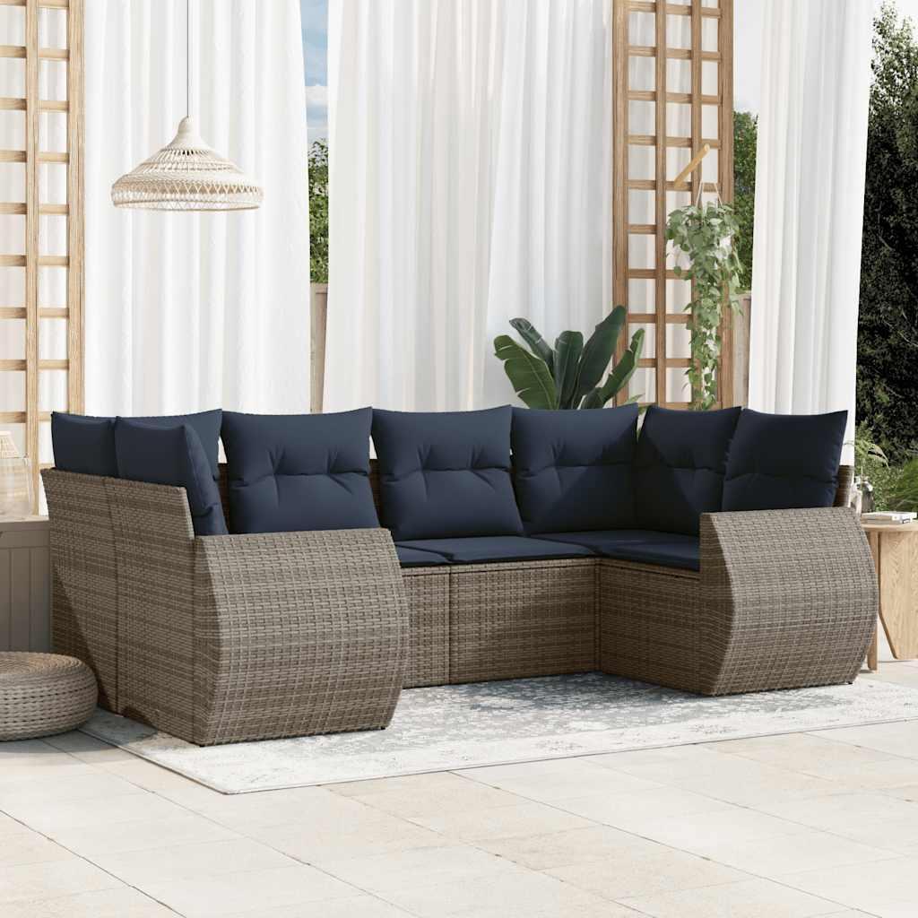 Havesofasæt i grå polyrattan med marineblå hynder - 6 dele, modulært loungesæt
