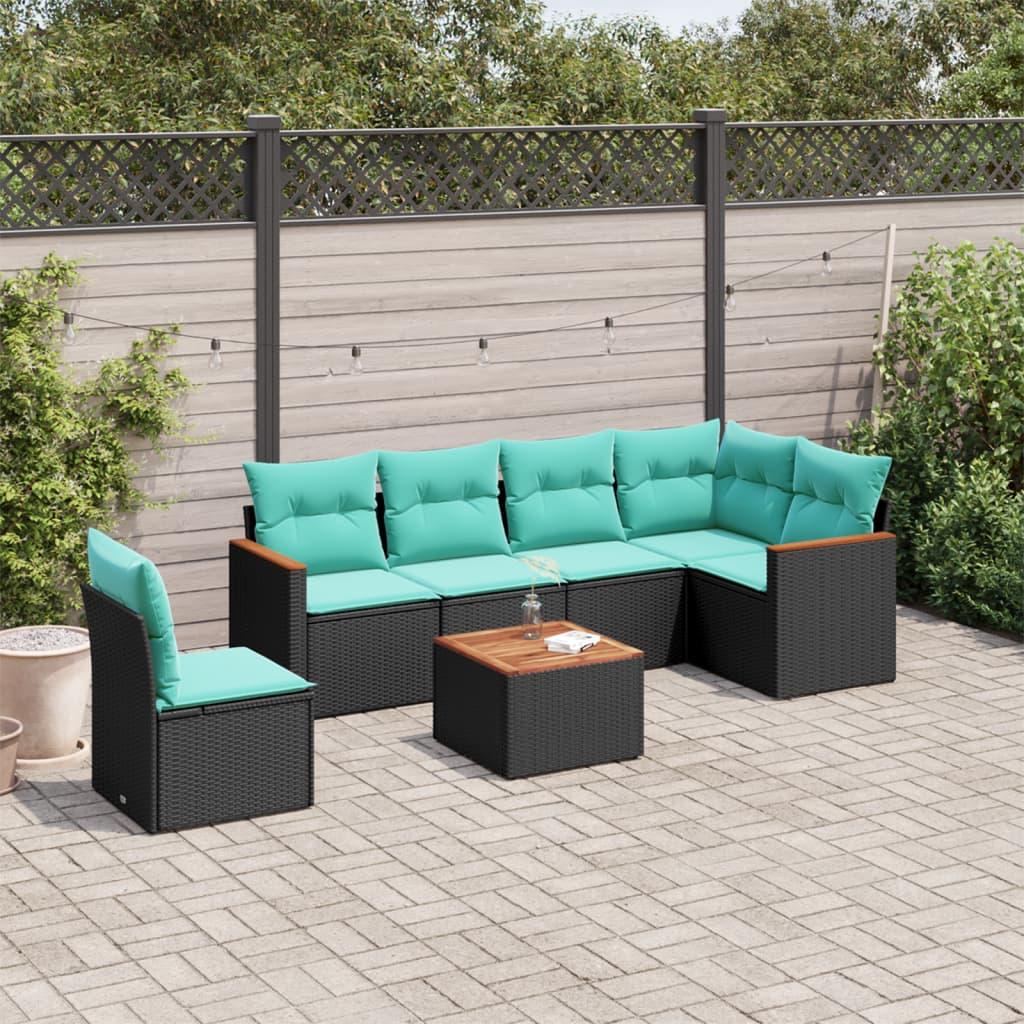 Havesofasæt i sort polyrattan med 7 blå hynder - modulopbygget loungesæt