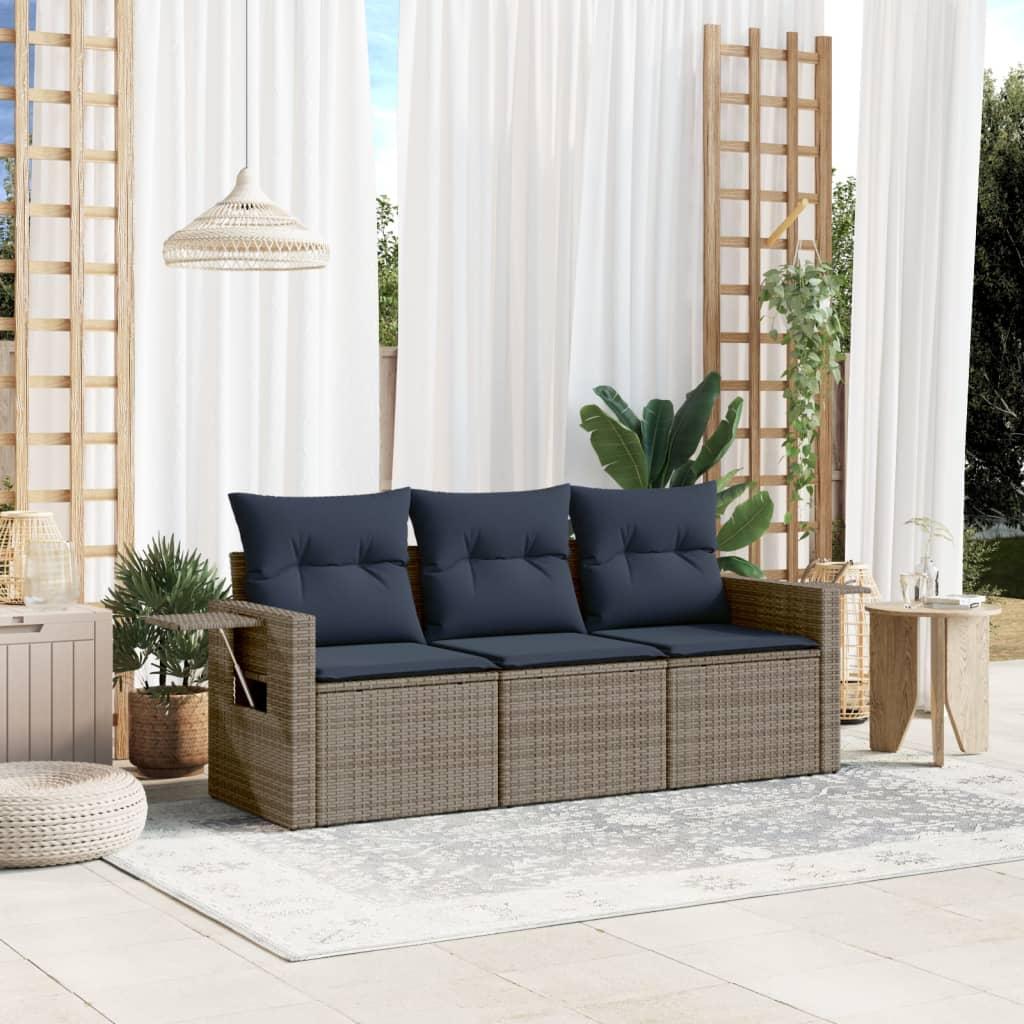 Havesofasæt 3 dele i grå polyrattan med marineblå hynder