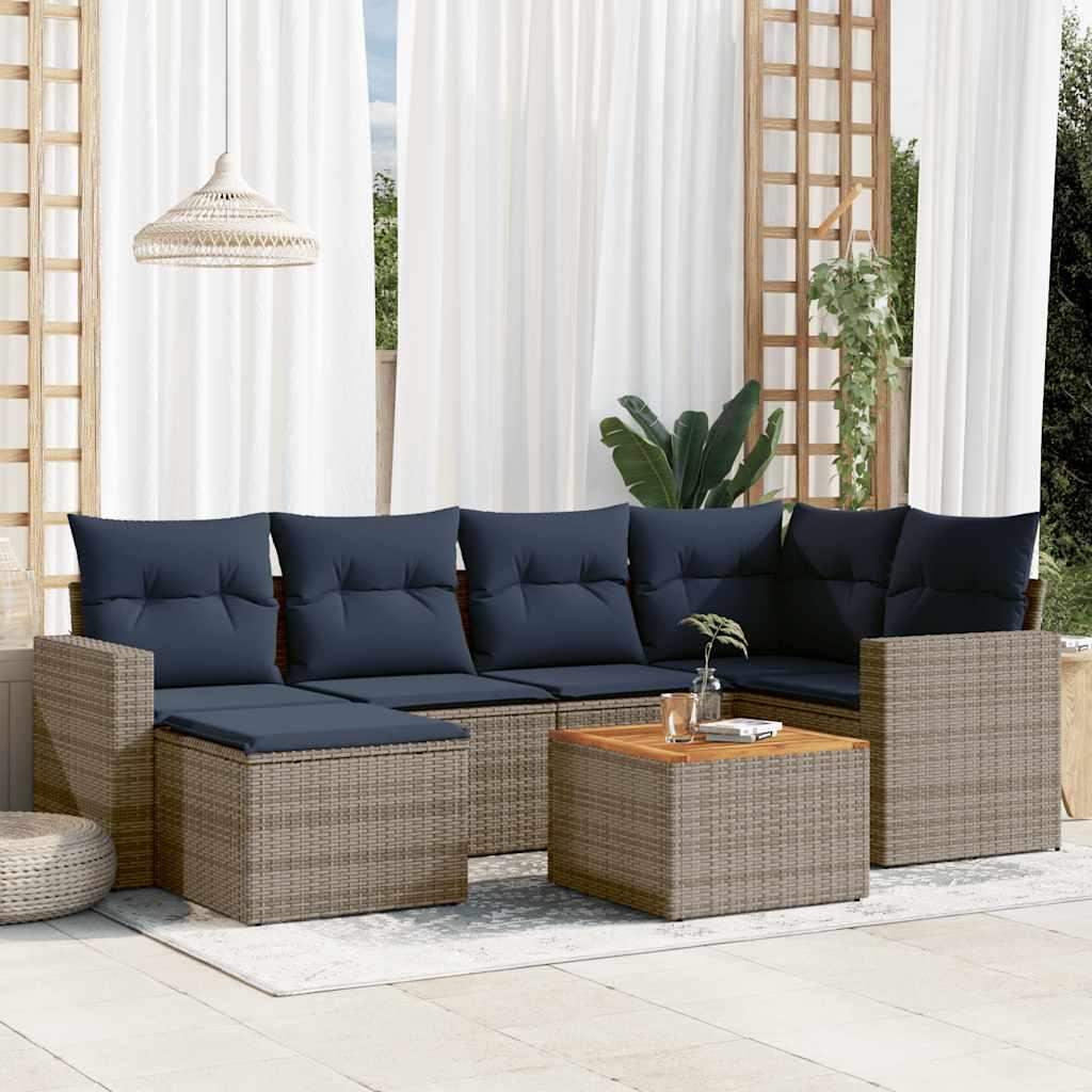 Havesofasæt i grå polyrattan med hynder - 7 dele, modulært