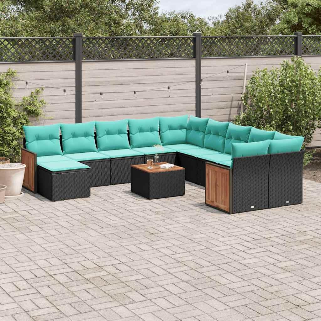 12-delt havesofasÃ¦t med hynder sort polyrattan