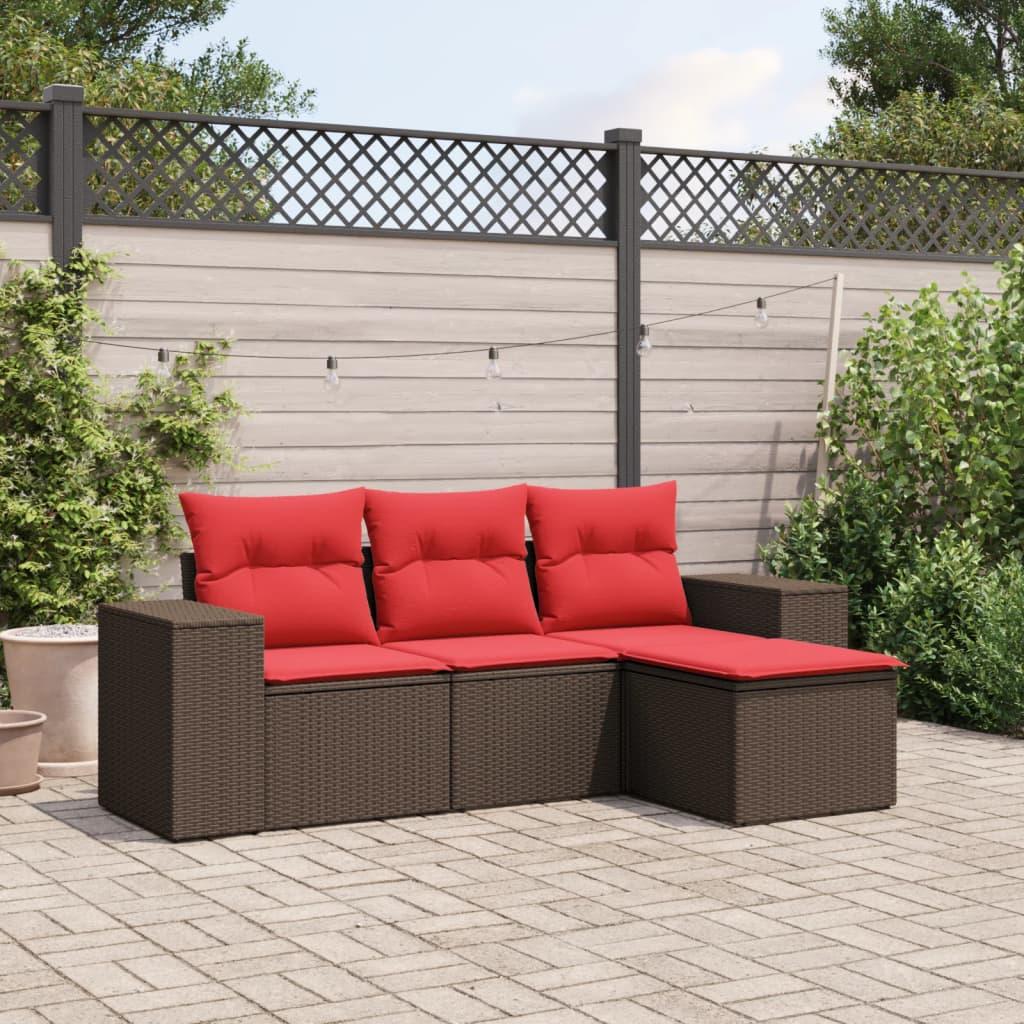 Havesofasæt med 4 dele og hynder brun polyrattan