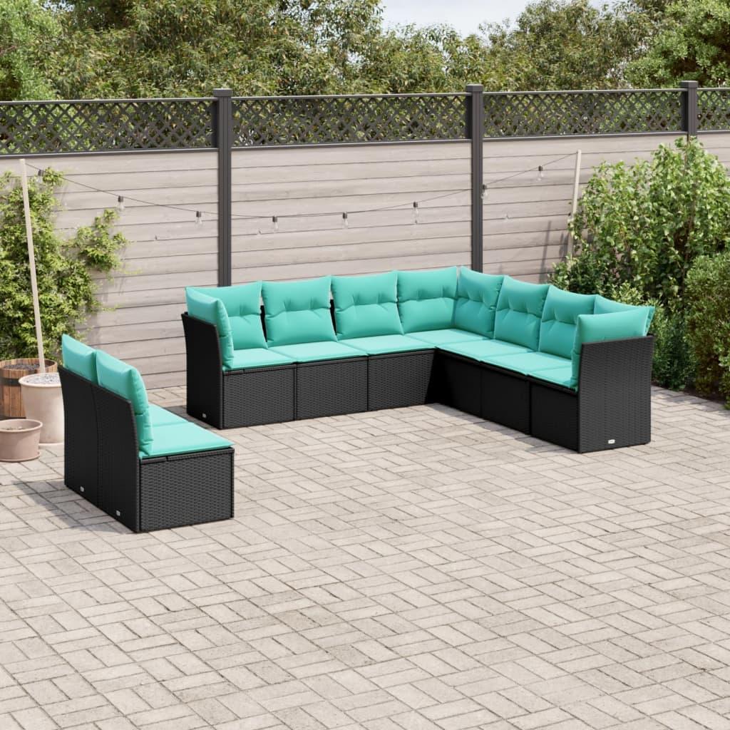 Havesofasæt i sort polyrattan med blå hynder - 9 dele, modulært hjørnesæt