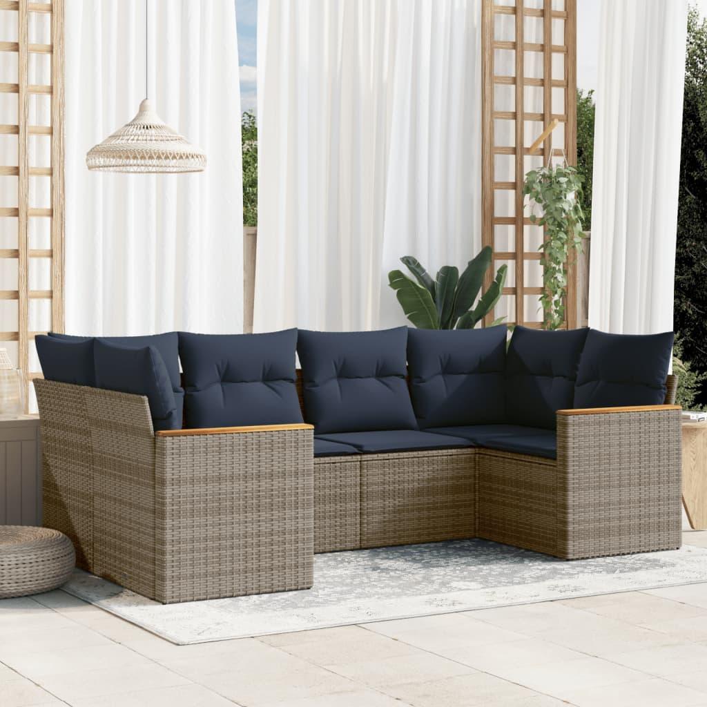 Havesofasæt i 6 dele med hynder - grå polyrattan, marineblå puder