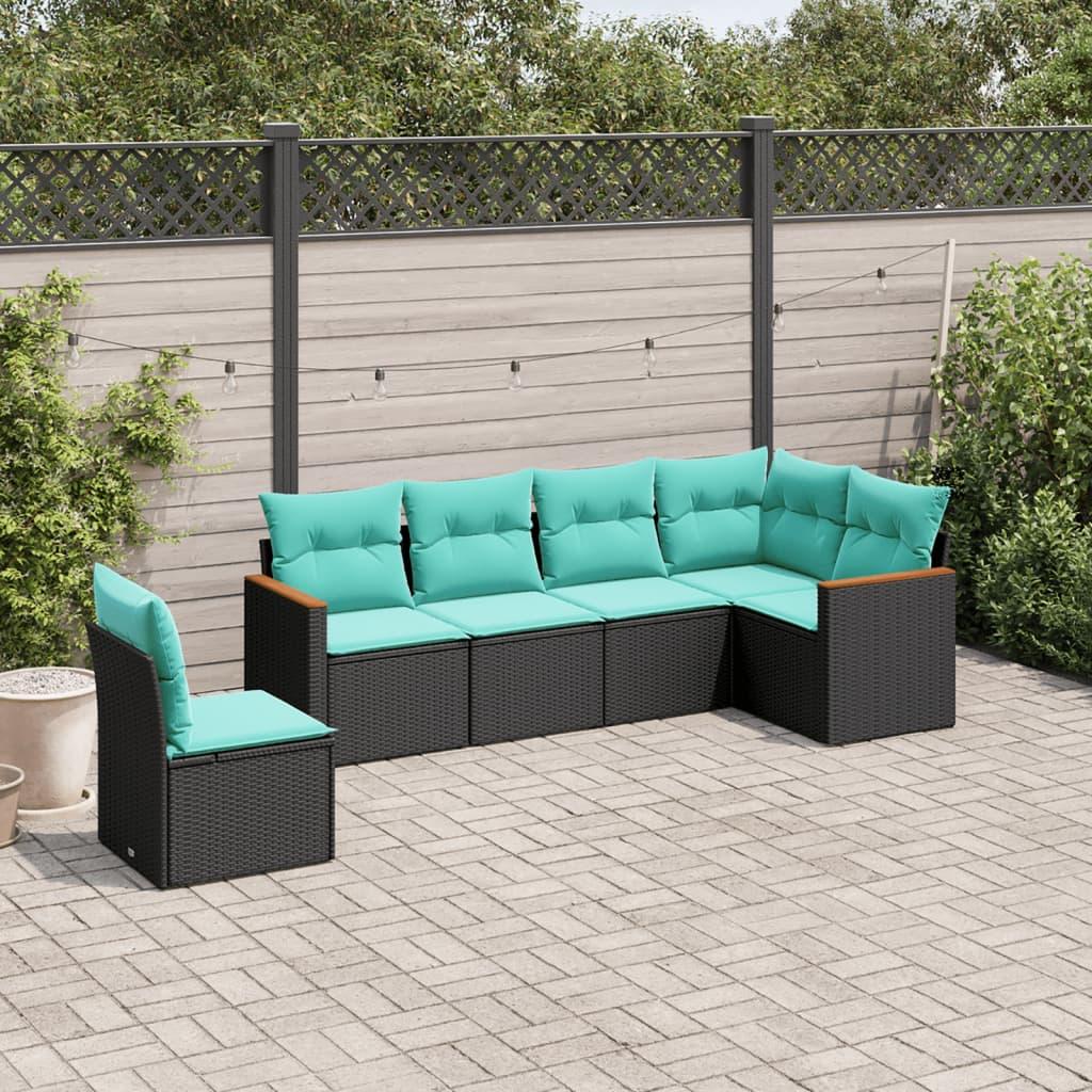 Havesofasæt i sort polyrattan med 6 blå hynder - modulært hjørnesæt