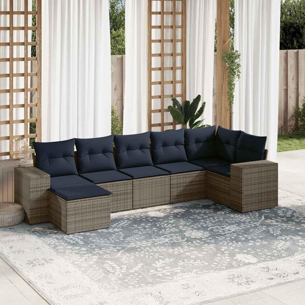 Havesofasæt i 7 dele med marineblå hynder - grå polyrattan, modulært