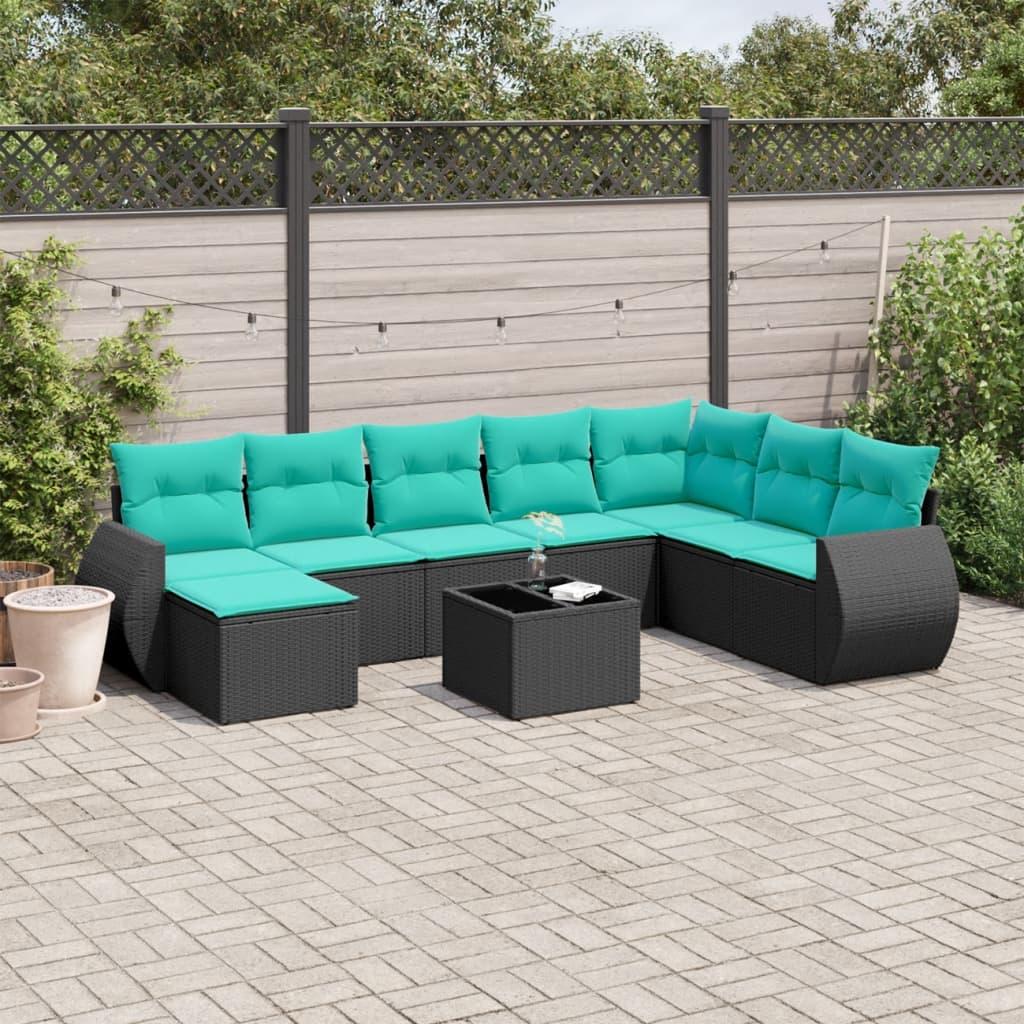 Havesofasæt i polyrattan - 9 dele med blå hynder, sort