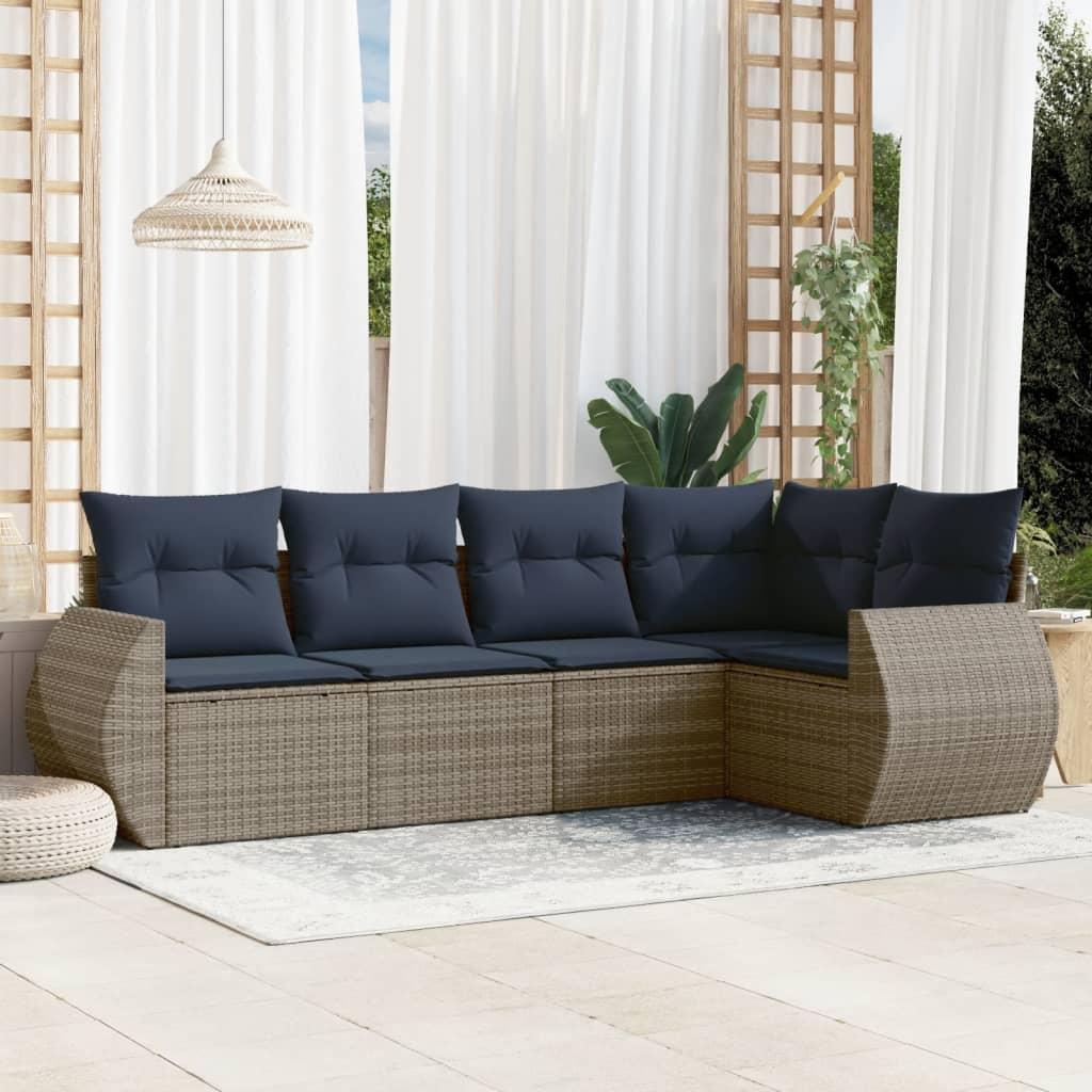 Havesofasæt med 5 dele i grå polyrattan - inkl. marineblå hynder