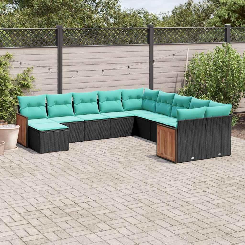 vidaXL 11-delt havesofasæt med hynder sort polyrattan