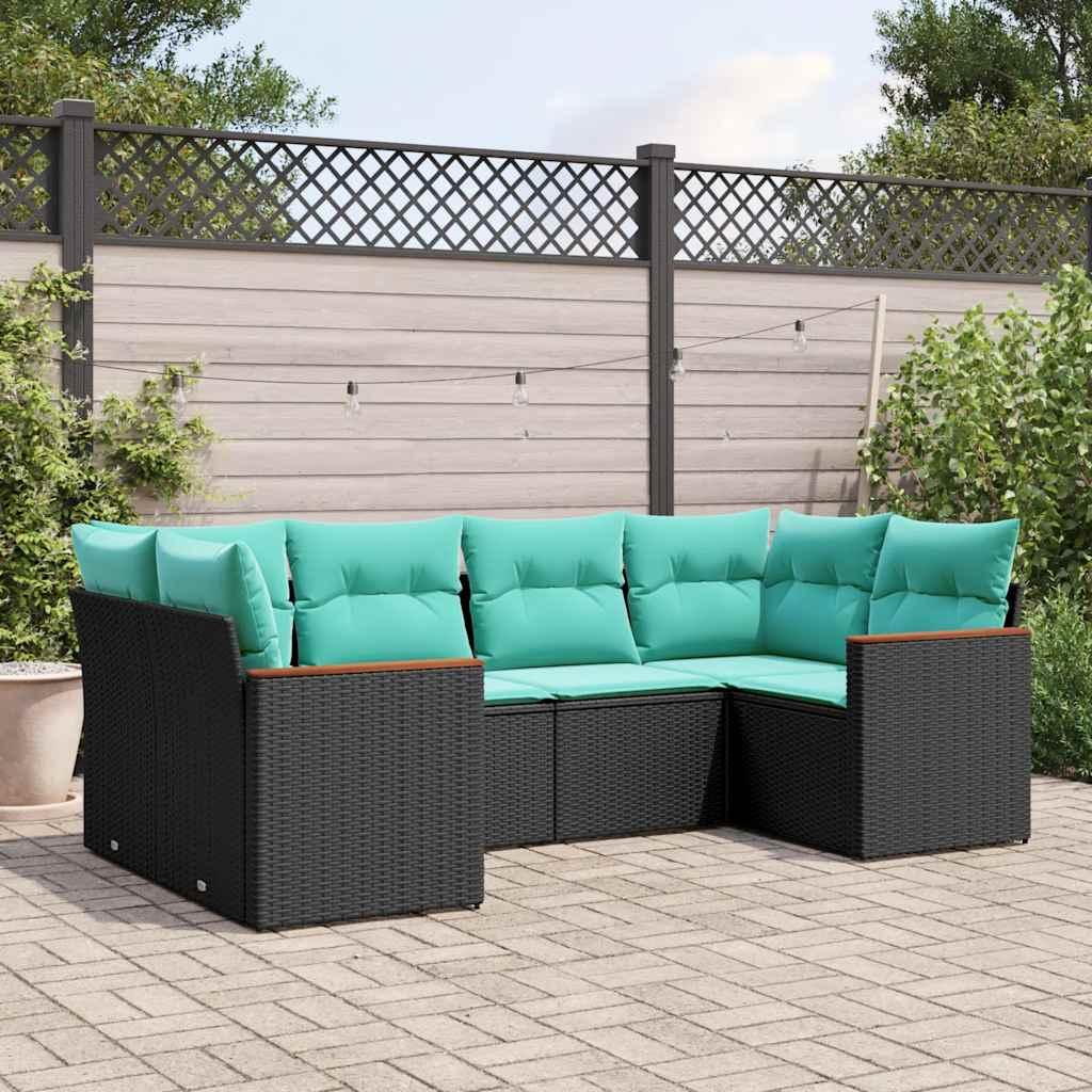 Havesofasæt i sort polyrattan med 6 blå hynder - modulært loungesæt