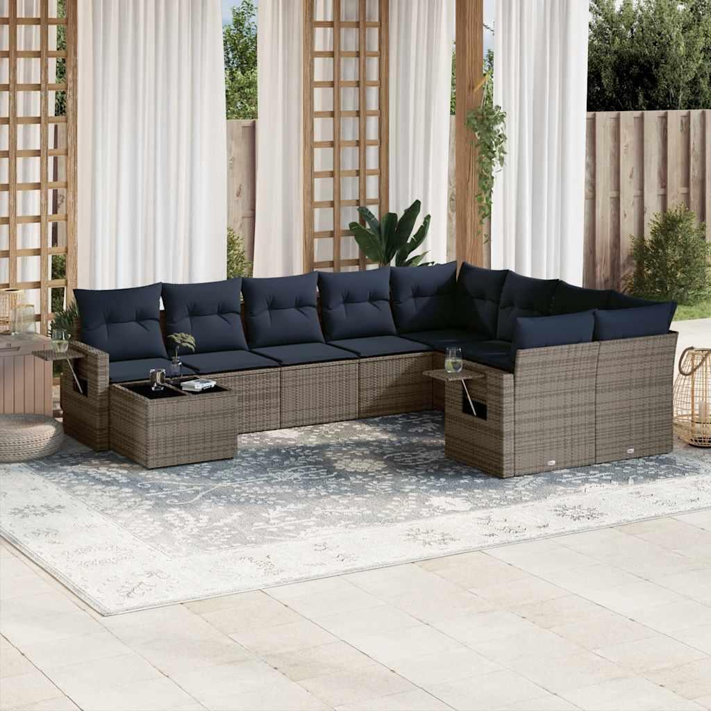 Havesofasæt i grå polyrattan - 10 dele med marineblå hynder