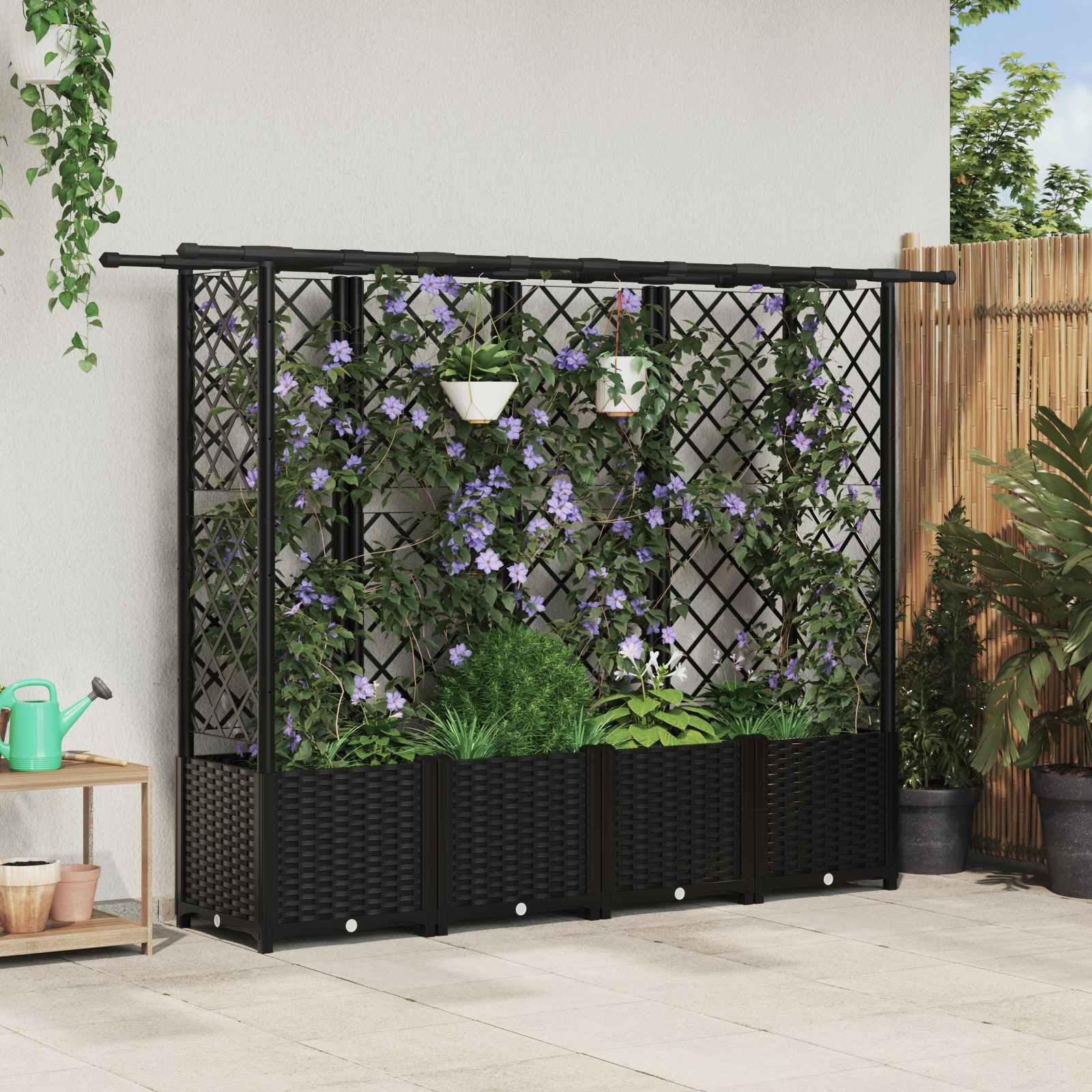 Hævet Bed med Trellis og Tag Sort 202 x 40 x 138 cm PP