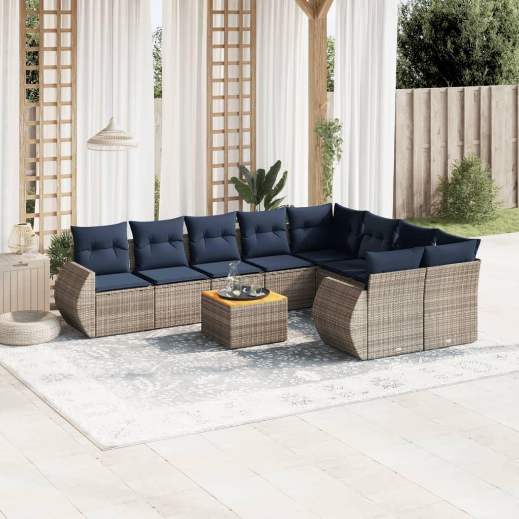 Havesofasæt i grå polyrattan med marineblå hynder - 10 dele, modulært loungesæt