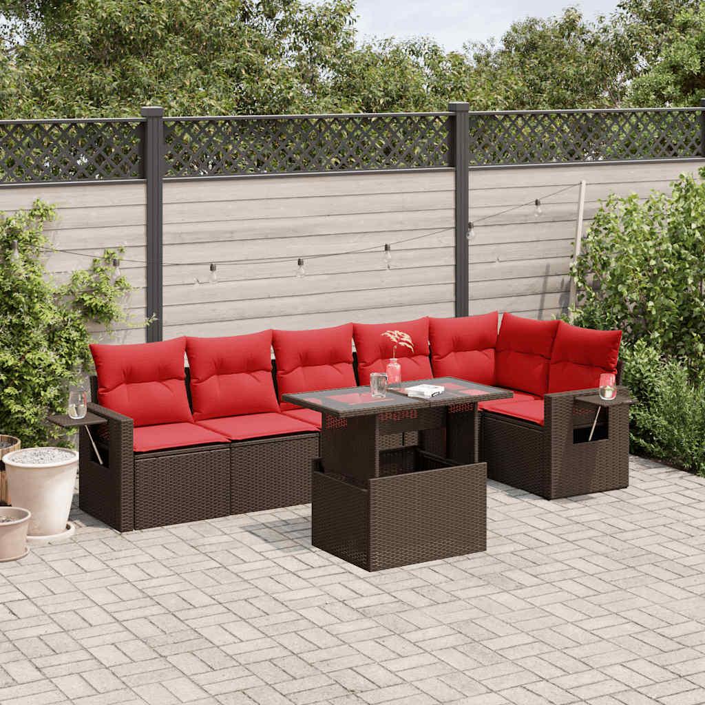 Havesofasæt i brun polyrattan med røde hynder - løftbart bord, modulopbygget 7-pers.