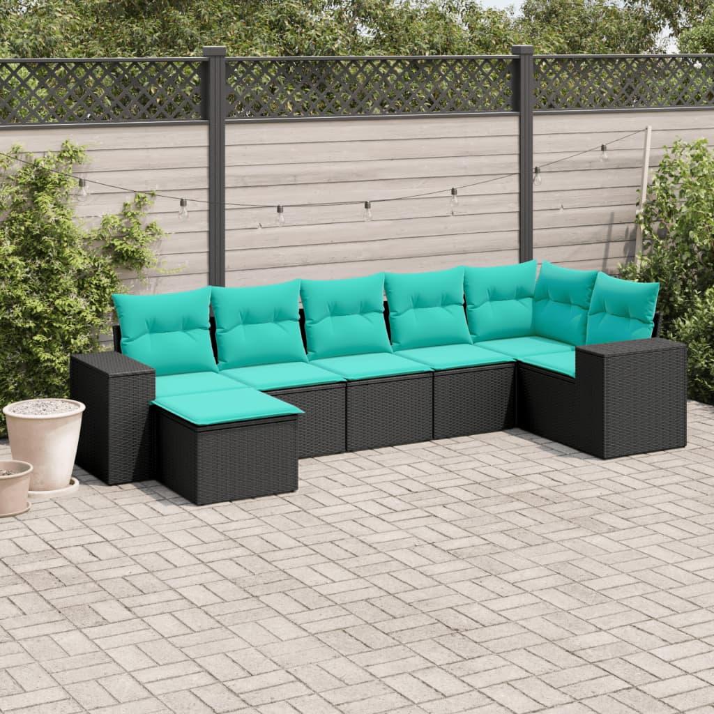 Havesofasæt i sort polyrattan med blå hynder - modulært loungesæt