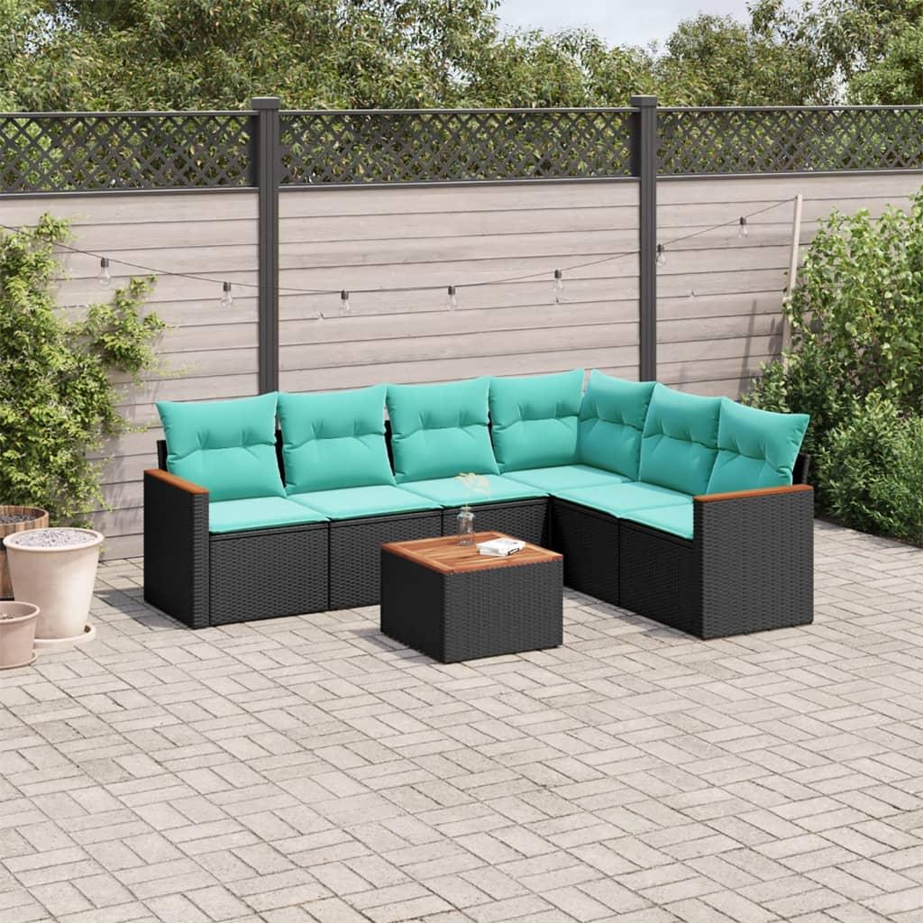 Havesofasæt i sort polyrattan med akacietræsbord - 7 ryghynder, 6 sædehynder, modulopbygget