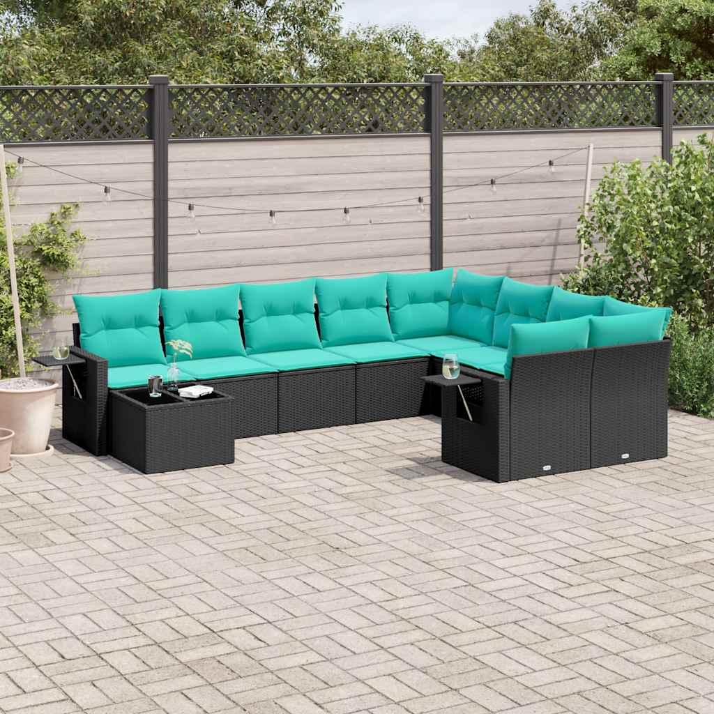 Havesofasæt i sort polyrattan med 10 blå hynder - modulopbygget hjørnesæt og bord i glas